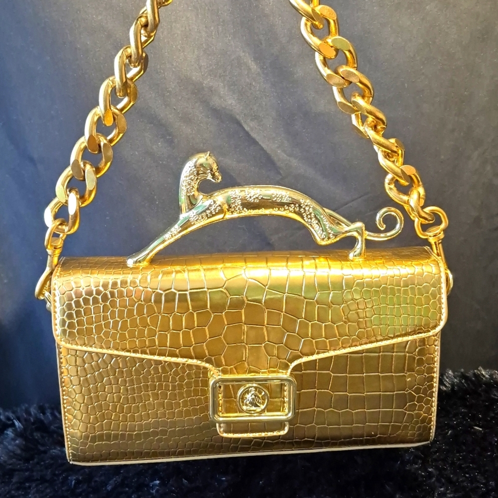 Chic Gold Crocodile Embossed Clutch with Gold Leopard Handle - Picture 3 of 17